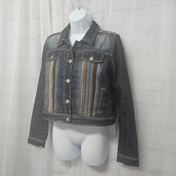 Hot Kiss Blue Denim Aztec Tapestry Jean Jacket Bohemian Southwestern Cropped L - Picture 6 of 11